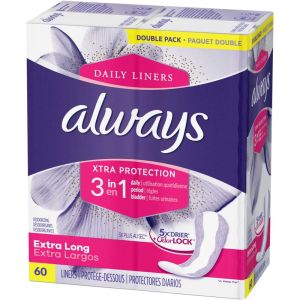 Always Xtra Protection 3-in-1 Daily Liners Extra Long Unscented, 60 Count