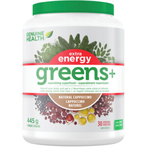 Genuine Health Greens+ Extra Energy Superfood Powder, Natural Cappuccino, Non GMO 445 g