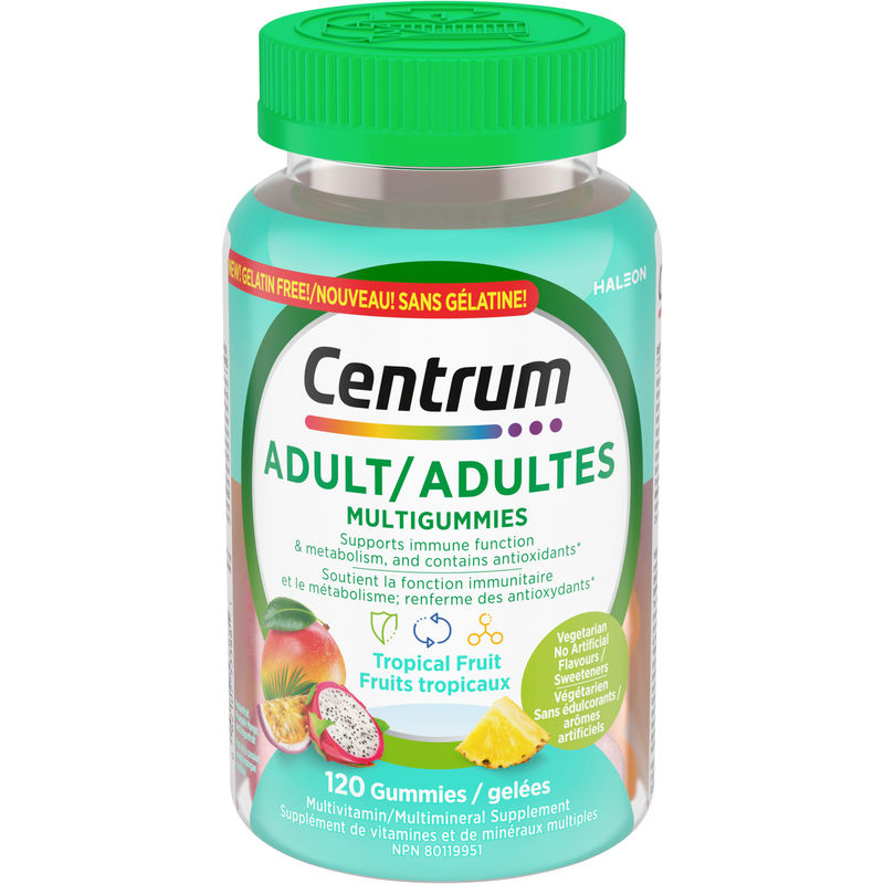 Centrum Adult MultiGummies Tropical Fruit Multivitamin and Multimineral Supplement, Pineapple-Mango, Dragonfruit, and Passionfruit Flavours 120 Count