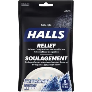 Halls Relief Mentho-Lyptus Extra Strong Menthol Cough Drops, 30 Count