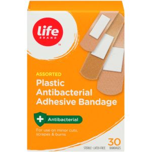 Life Brand Plastic Antibacterial Adhesive Bandage, Assorted 30 Count
