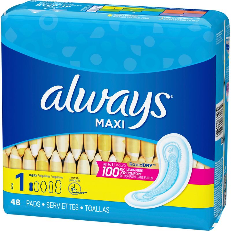 Always Maxi Pads Size 1 Regular Absorbency Unscented, 48 Count