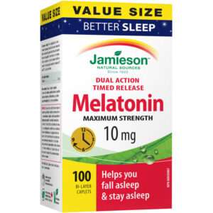 Jamieson Melatonin Maximum Strength Timed Release Dual Action Bi-Layer Caplets, 10 mg - Value Pack 100 Count