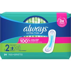 Always Ultra Thin Daytime Pads with Wings, Size 2, Super, Unscented, 24 Count