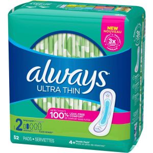 Always Ultra Thin Pads Size 2 Long Absorbency Unscented, 52 Count
