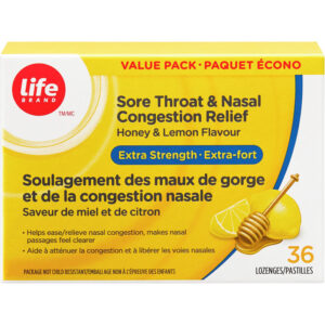 Life Brand Sore Throat & Nasal Congestion Relief Extra Strength Honey & Lemon Lozenges