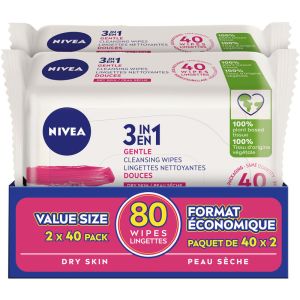 NIVEA 3-IN-1 Biodegradable Dry Skin Cleansing Wipes 80 Wipes