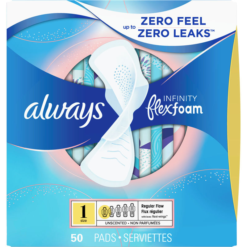 Always Infinity FlexFoam Pads for Women Size 1 Regular Absorbency with Wings, 50 Count