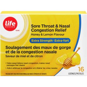 Life Brand Extra Strength Honey Lemon Lozenges for Sore Throat & Nasal Congestion Relief