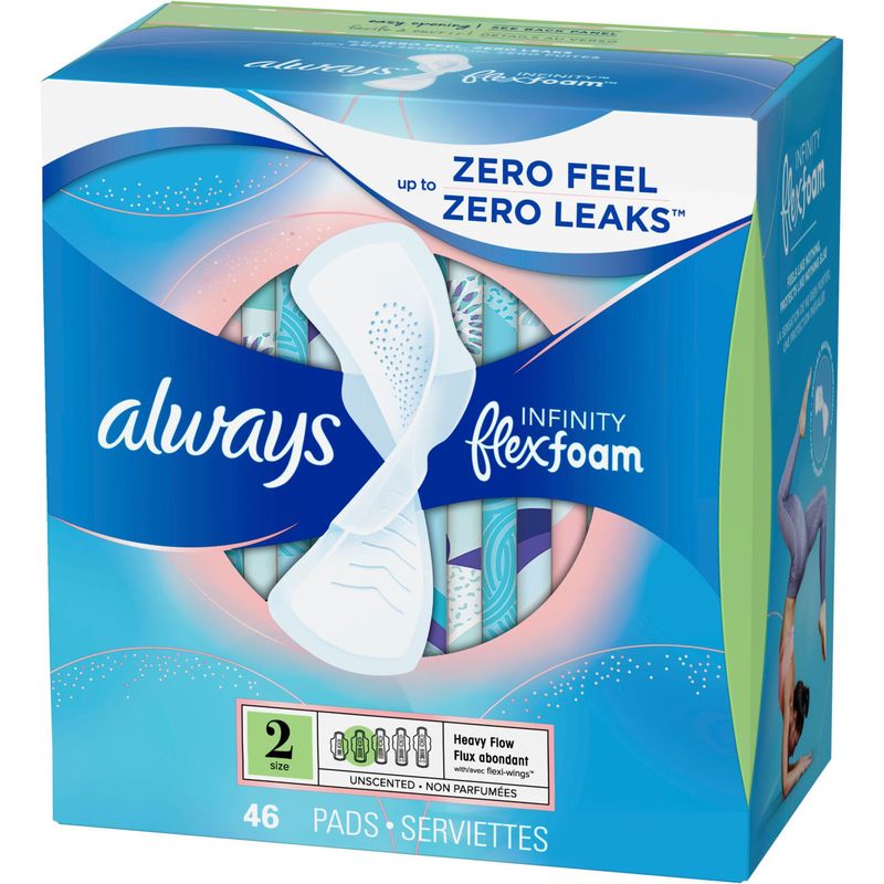 Always Infinity FlexFoam Pads for Women Size 2 Heavy Flow Absorbency, with Wings Unscented, 46 Count