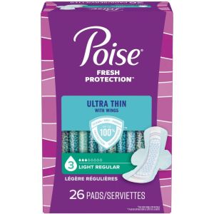 Poise Ultra Thin Postpartum Incontinence Pads with Wings, Light Absorbency, Regular Length 26 Count