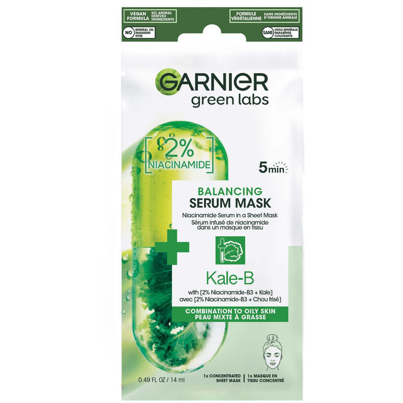 Garnier Beauty Serum Sheet Mask with Niacinamide + Kale, Balancing Skin Care for Oily Skin, 1 Tissue Mask (14 mL)