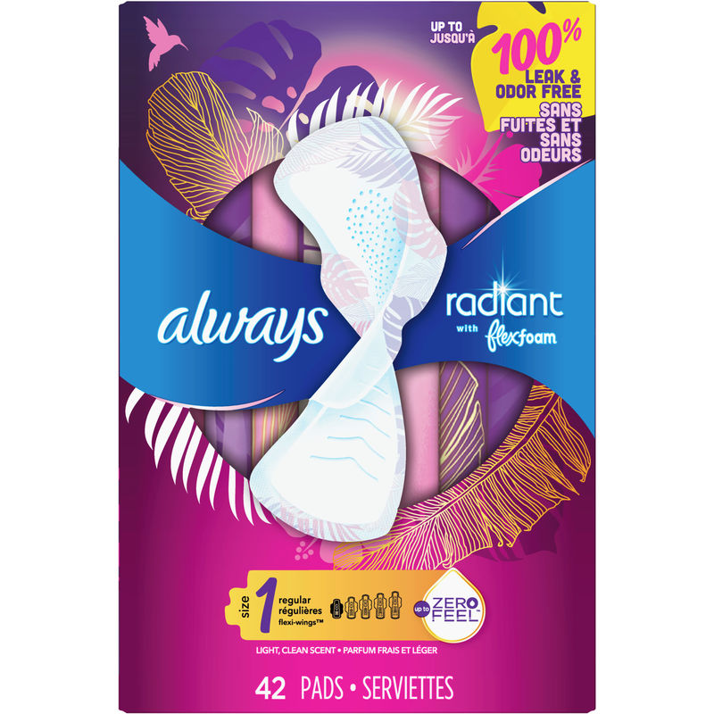 Always Radiant FlexFoam Pads for Women Size 1, Regular Absorbency with Wings, 42 Count