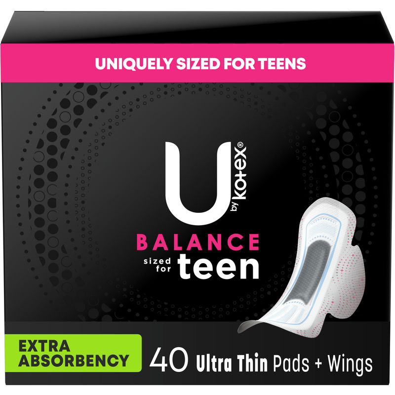 U By Kotex Balance Sized for Teens Ultra Thin Pads with Wings, Extra Absorbency 40 EA
