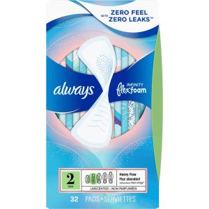Always Infinity FlexFoam Pads for Women Size 2 Heavy Flow Absorbency, Zero Leaks & Zero Feel, Unscented, 32 Count