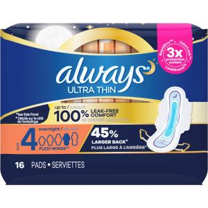 Always Ultra Thin Overnight Pads with Wings, Size 4, Unscented, 16 Count