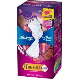 Always Radiant FlexFoam Pads for Women Size 1, Regular Absorbency, 100% Leak & Odor Free Protection with Wings, Scented, 30 Count
