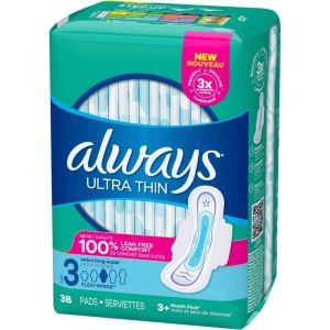 Always Ultra Thin Pads Size 3 Extra Long Super Absorbency Unscented with Wings