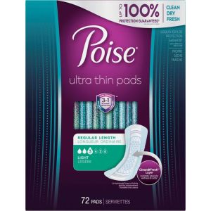 Poise Ultra Thin Postpartum Incontinence Pads, Light Absorbency, Regular Length, 72 Count