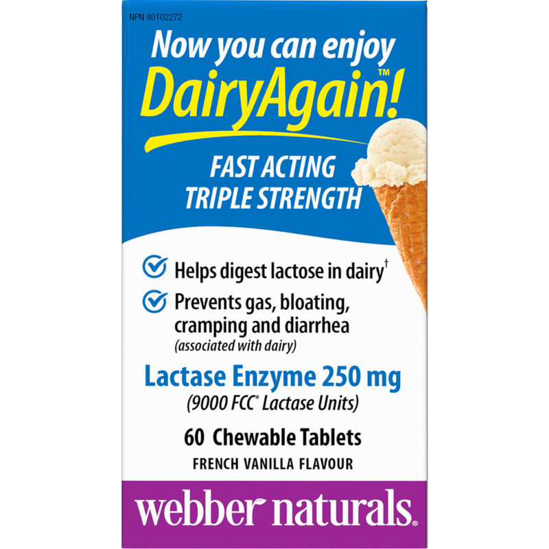 Webber Lactase Enzyme, Extra Strength, 9000 FCC Chewable Vanilla 60 TAB