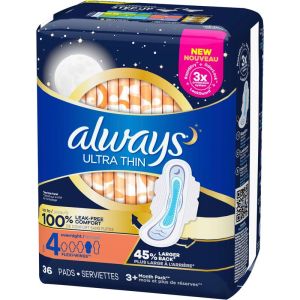 Always Ultra Thin Pads Size 4 Overnight Absorbency Unscented with Wings, 36 Count