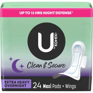 U By Kotex Security Maxi Feminine Pads with Wings, Extra Heavy Overnight Absorbency, Unscented 24 Count