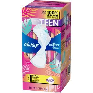Always Radiant FlexFoam Teen Pads Regular Absorbency, 100% Leak-Free Protection, with Wings, Unscented, 28 Count