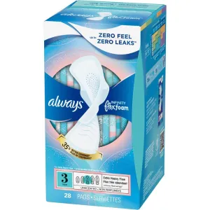 Always Infinity FlexFoam Pads for Women Size 3 Extra Heavy Flow Absorbency with Wings Unscented, 28 Count