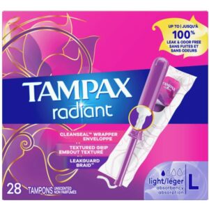 Tampax Radiant Tampons Light Absorbency with BPA-Free Plastic Applicator and LeakGuard Braid, Unscented 28 Count