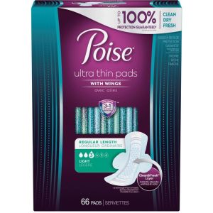 Poise Ultra Thin Postpartum Incontinence Pads with Wings, Light Absorbency, Regular Length, 66 Count