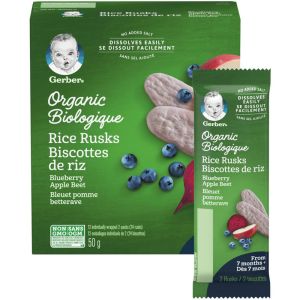 GERBER Organic Rice Rusks, Blueberry Apple Beet, Baby Snacks 24 Rusks 12 Count