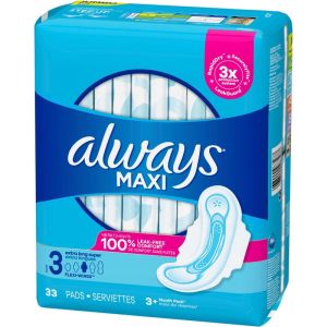 Always Maxi Pads Size 3 Extra Long Super Absorbency Unscented with Wings, 33 Count