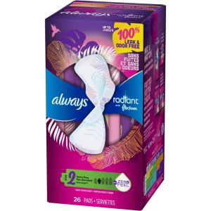 Always Radiant FlexFoam Pads for Women Size 2, Heavy Flow Absorbency, 100% Leak & Odor Free Protection with Wings, Scented, 26 Count