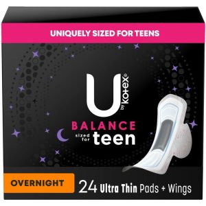 U By Kotex Teen Ultra Thin Feminine Pads with Wings, Overnight, 24 ct