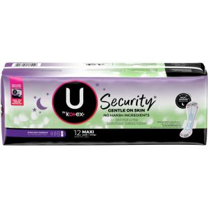 U By Kotex Security Maxi Pad with Wings, Overnight, Extra Heavy, Unscented - 12 Count