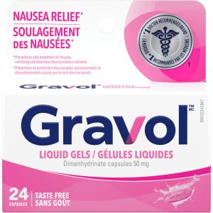Gravol Liquid Gel Capsules 24 Capsules for Nausea, Vomiting, and Dizziness Relief