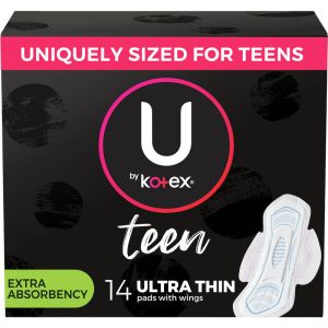 U By Kotex Ultra Thin Teen Pads with Wings, Extra Absorbency, Unscented 14 Count