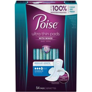 Poise Ultra Thin Postpartum Incontinence Pads with Wings, Moderate Absorbency, Regular Length, 54 Count