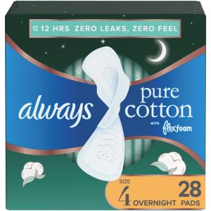 Always Pure Cotton Feminine Pads for Women, Size 4, Overnight, with Wings, Unscented