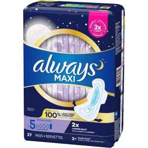 Always Maxi Pads Size 5 Overnight Absorbency Unscented with Wings, 27 Count