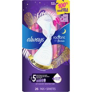 Always Radiant FlexFoam Pads for Women Size 5 Extra Heavy Overnight Absorbency with Wings, 26 Count