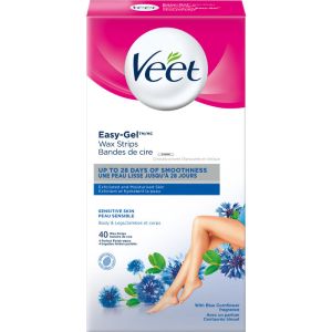 Veet Easy-Gel Wax Strips Body & Legs Sensitive Skin 40 ct + 4 wipes