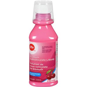 Life Brand Bismuth Subsalicylate Liquid, Protective Coating Acton, Regular Strength, Cherry 230 mL