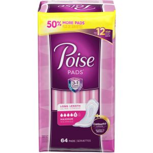 Poise Incontinence Pads, Maximum Absorbency, Long 64 Count