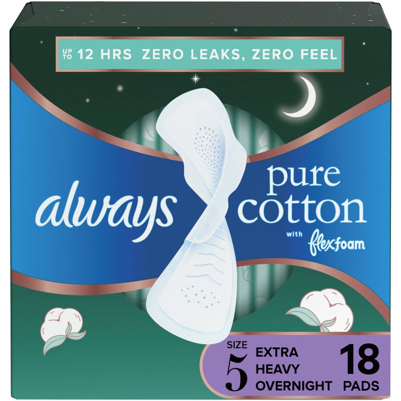 Always Pure Cotton Feminine Pads for Women, Size 5, Extra Heavy Overnight, with Wings, Unscented