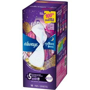 Always Radiant FlexFoam Pads for Women, Size 5, Extra Heavy Overnight Absorbency, 100% Leak & Odor Free Protection, with Wings, Scented, 18 Count