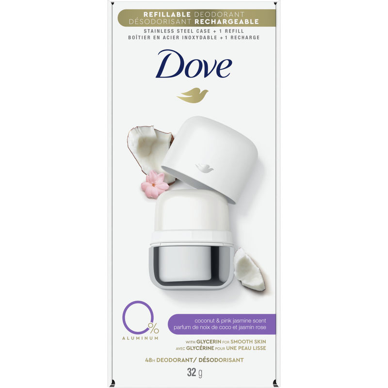 Dove 0% Aluminum Refillable Deodorant Starter Kit for 48 Hour Odour Protection Coconut & Pink Jasmine