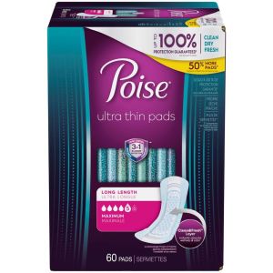 Poise Ultra Thin Postpartum Incontinence Pads with Wings, Light Absorbency, Regular Length, 60 Count