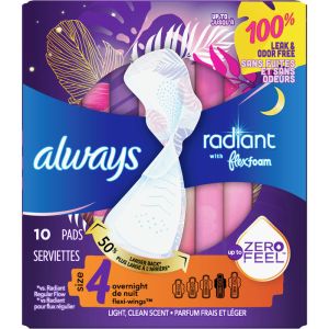 Always Radiant FlexFoam Pads for Women Size 4 Overnight Absorbency with Wings
