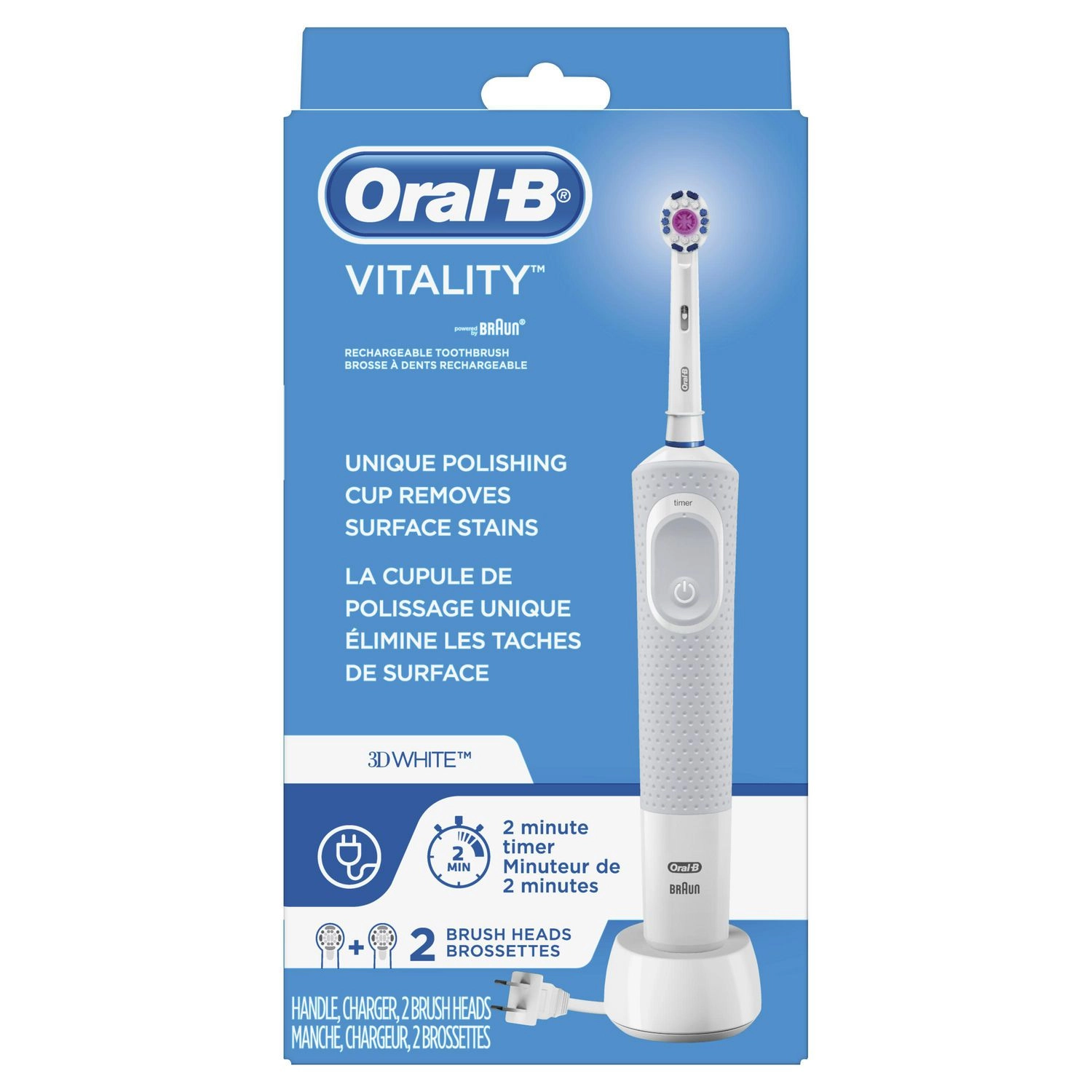 Oral-B Vitality 3D White Electric Rechargeable Toothbrush with 2 Brush Heads